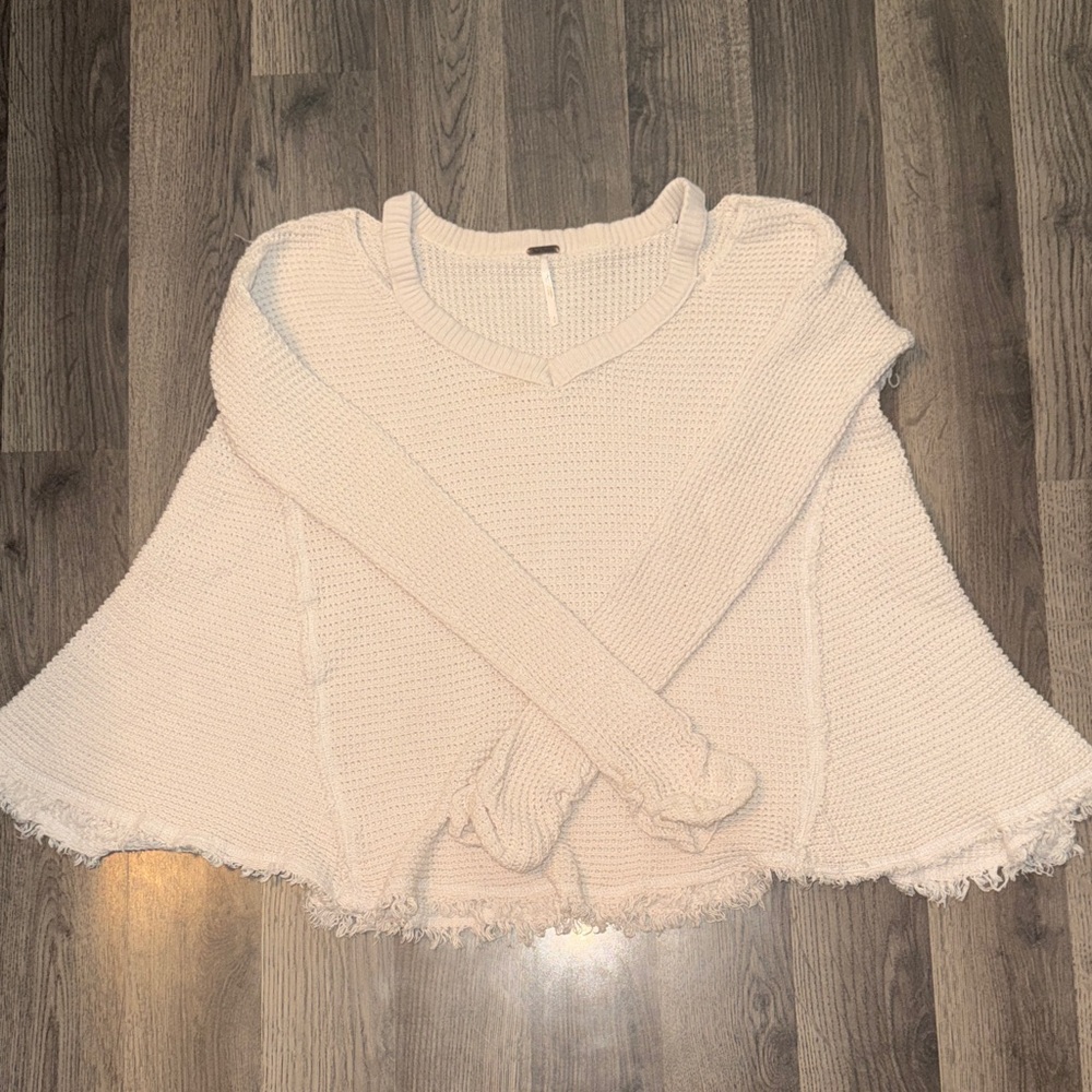 Free People Cream Open-Knit V-Neck Sweater with Tag Detail